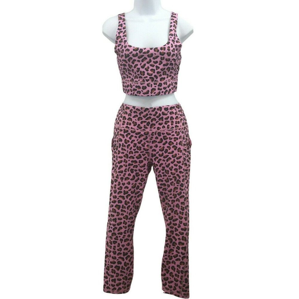 Barbiecore Pink Cheetah/ Brown Reversible Bra & High Waisted Leggings Set Sz M